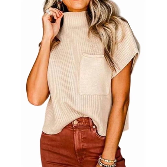 Women'S Solid Sleeveless Vest Mock Neck Cap Sleeve Knitwear Sweater Tops Khaki S
