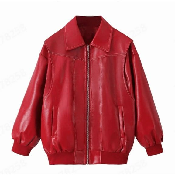Jacket for Women Trendy Red Faux Leather Bomber Zip Up Biker Motorcycle Windproof Waterproof Trendy Clothes