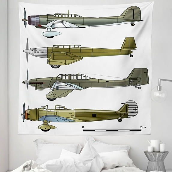 Airplane Tapestry, Thirties Style Dive in Camouflage Colors Historical Airshow Planes Design, Fabric Wall Hanging Decor for Bedroom Living Room Dorm, 5 Sizes, Green Grey White, by Ambesonne