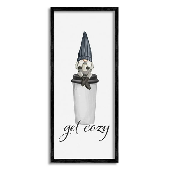 Get Cozy Sipping Coffee Gnome Fairy Tales & Fantasy Graphic Art Black Framed Art Print Wall Art