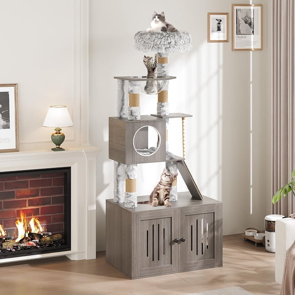 Multi-Functional Cat Tree Tower with Litter Box Enclosure – Large Condo, Hammock, Washable Cushions, Food Station, Storage, Scratching Posts, Cat Cave – For Indoor Cats, Gray ND
