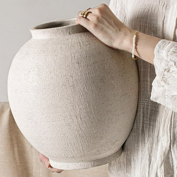White Ceramic Vase - Large 12.5 Inch Round Floor Vase for Centerpieces Farmhouse Rustic Minimalist Home Decor Sandstone White