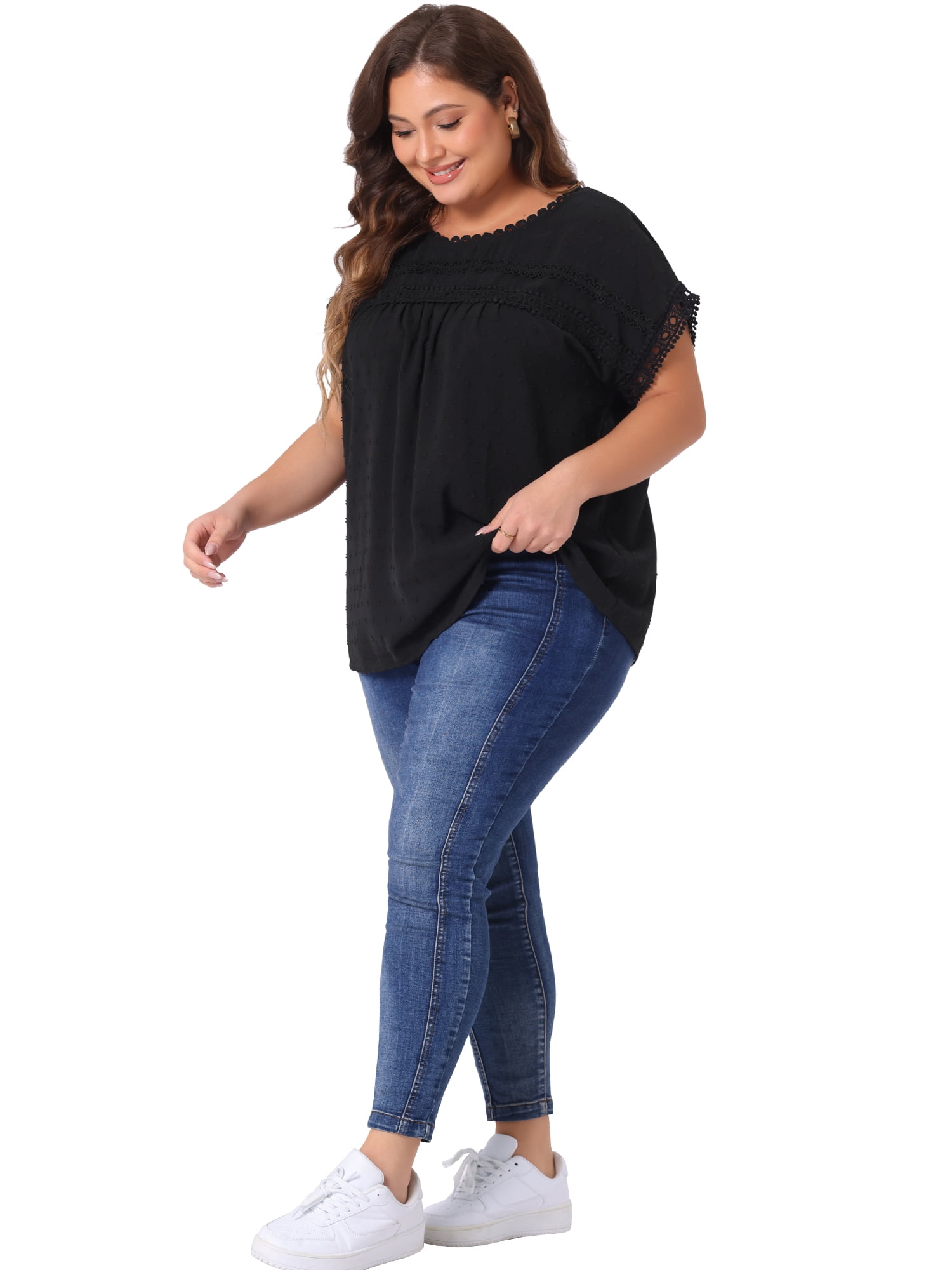 Women's Plus Tops with Swiss Dots Crew Neck Short Sleeve Casual Blouses 2X Black