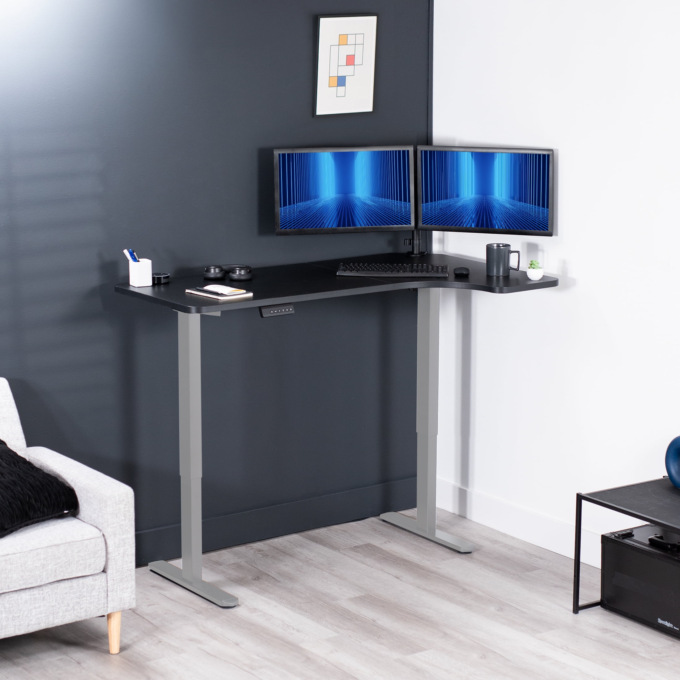 VIVO Electric 58" x 35" Dual Motor Standing Corner Desk, Black Top, Gray Frame