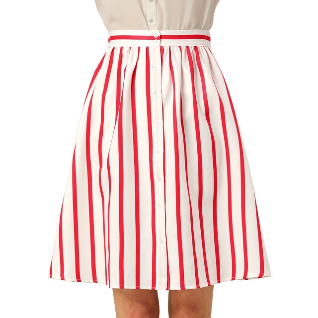 INSPIRE CHIC Jupe Midi Élastique à Rayures pour Femmes avec Boutons devant 3TG Rouge
