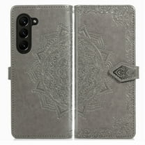 for Samsung Galaxy Z Fold 6 Wallet case with RFID Blocking Credit Card Holder,Flip Book PU Leather Phone Cover Embossed Flower Kickstand with Wrist Strap for Women Men,Gray