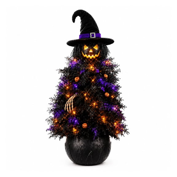 12" Lighted Halloween Witch Tree Decoration, 2D Pre-Lit Black Pumpkin Witch Tree with Cauldron Base, 48 LED Lights for Porch Fireplace Tabletop Decor