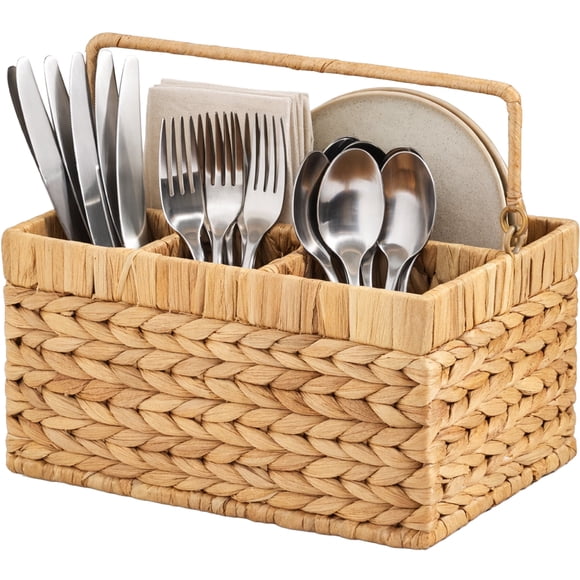 Best Choice Products Utensil Caddy w/Handle - 4 Compartments, Wicker Utensil Silverware Flatware Organizer - Natural
