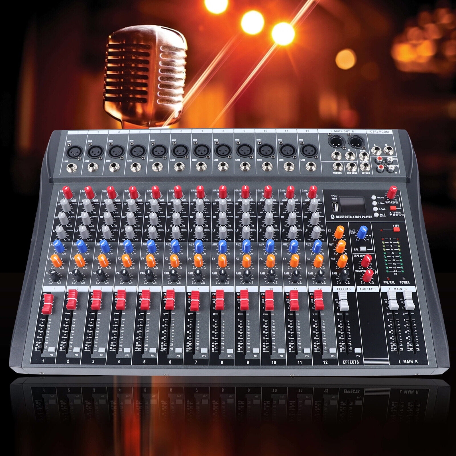 12-Channel Audio Mixer with Bluetooth, USB & 48V Phantom Power – Compact Mixing Console for Live Events, Recording, and Music Production