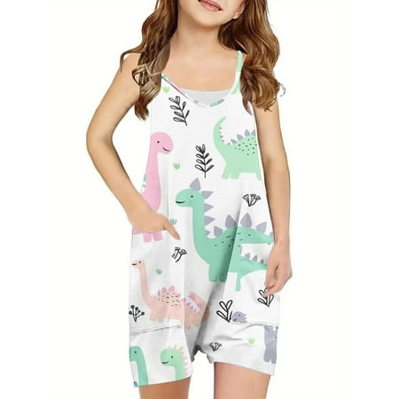 AJTQTH Rompers for Girls V-Neck Spaghetti Straps Cute Floral Printed Jumpsuit with Pockets Comfy Lightweight Playsuit Thin Bodysuit for Summer Casual Outfits White#01 13 Years