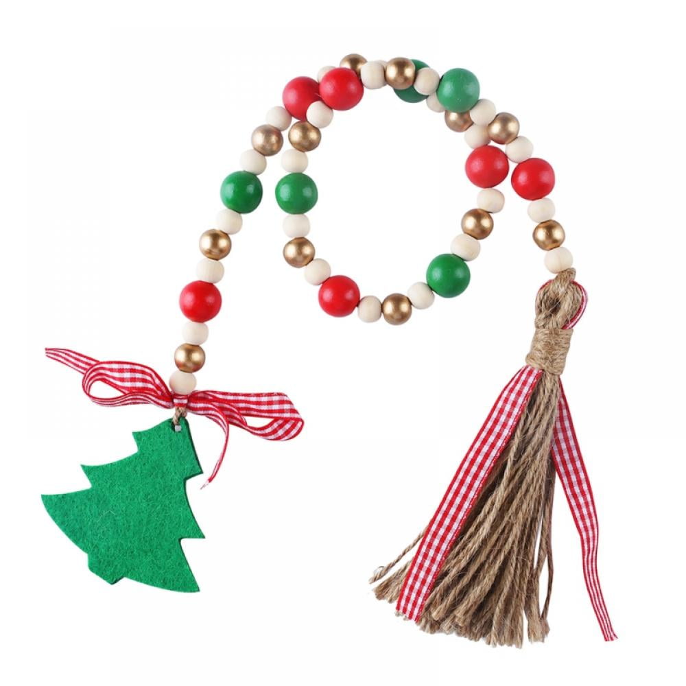 MarinaVida Christmas Tree Wood Bead Garland Farmhouse Rustic Beads Tassles Holiday Home Natural