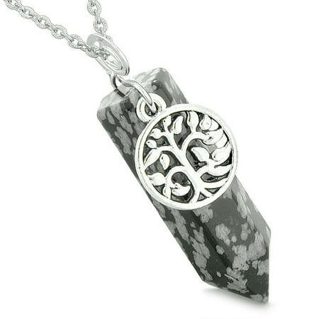 Handcrafted Snowflake Obsidian - Magical Tree of Life Energy Amulet Lucky Crystal Point Snowflake Obsidian Pendant 18 Inch Necklace