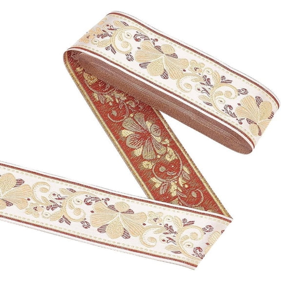 10 Yards Jacquard Ribbon - 2 Inch White Ethnic Metallic Gold Embroidered Lace Trim Floral Pattern Vintage Trim
