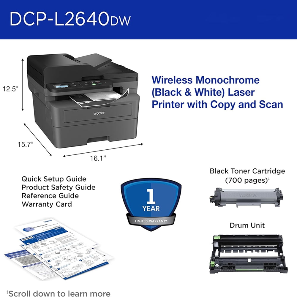 Brother Wireless Compact Monochrome Multi-Function Laser Printer DCP-L2640DW Print Like A Pro Bundle with Deco Essentials Guide and High Speed 6ft USB Type B 2.0 Printer Cable to USB Type-C & USB A