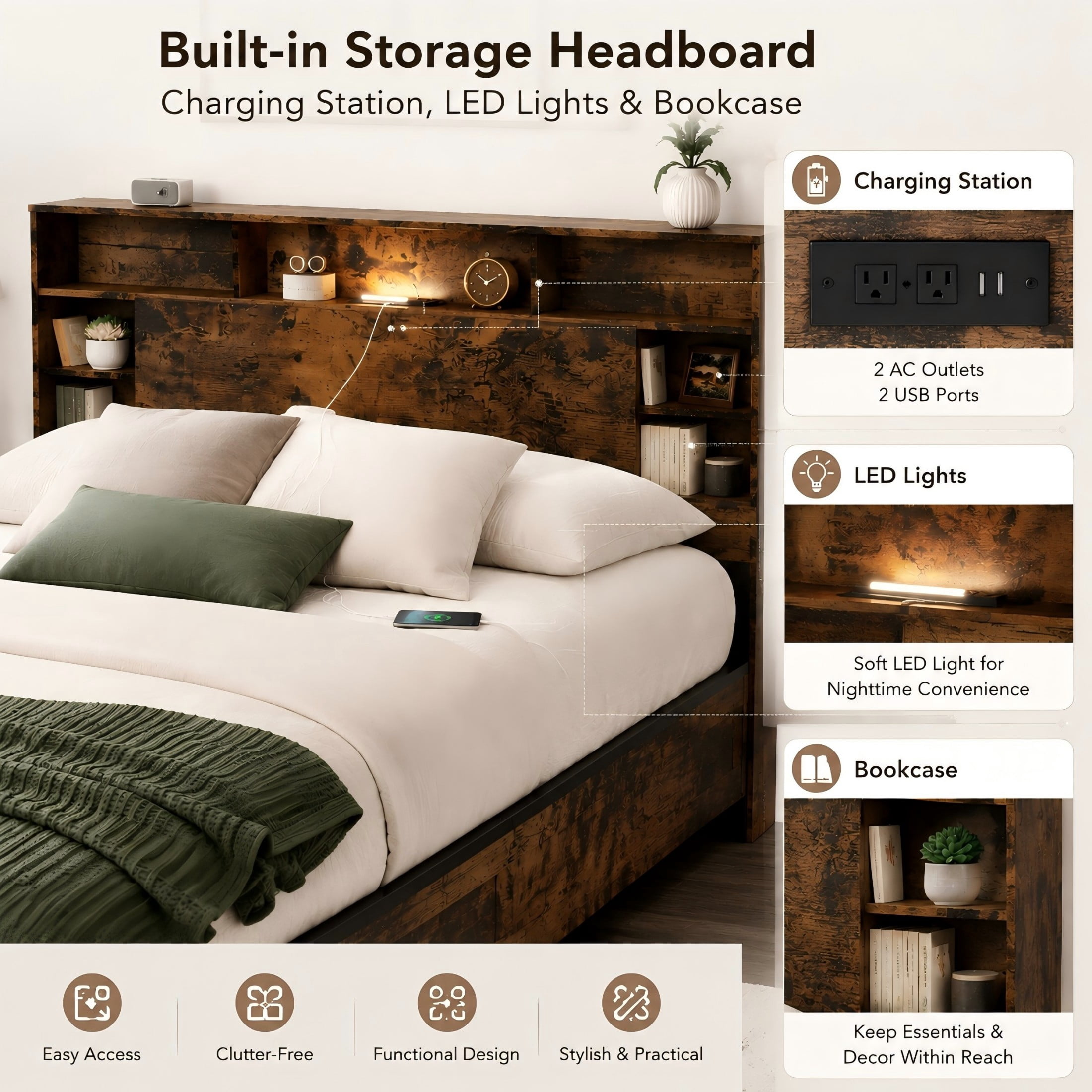Aukfa Full Bed Frame with Charging Station, Storage Headboard & LED Lights, Farmhouse Wood Platform Bed, Brown