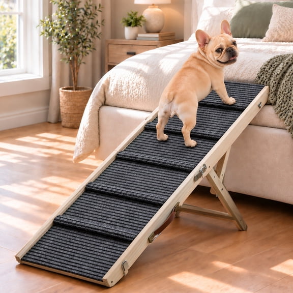 PTESSLY Wooden Dog Ramp for Bed and Couch, 39.4" Folding Pet Ramp with 5 Adjustable Heights, Non-Slip Carpet & Traction Strips for Small, Medium and Large Dogs