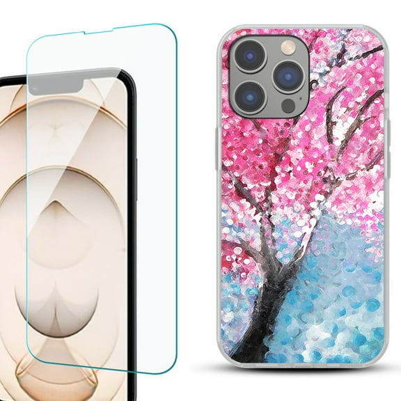 Slim-Fit Gel TPU Phone Case for iPhone 14 Pro, with Tempered Glass Screen Protector, by OneToughShield ® - Blossom Paint