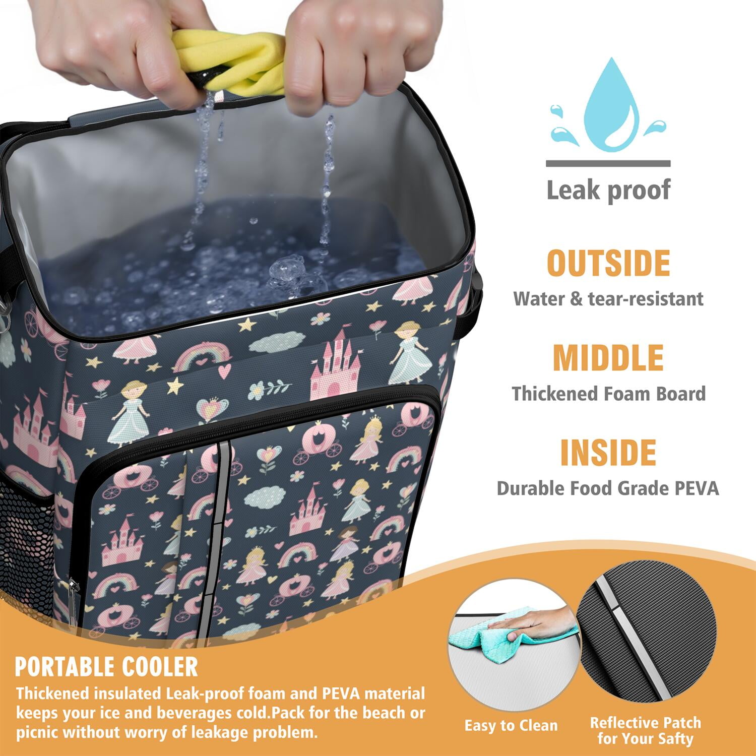 Travel Cooler Bag - Dark Blue Princess Castle Pattern Camping Beer Cooler Backpack with Bottle Opener- Waterproof Insulated Picnic Backpacks - Cooler Bag for Beach