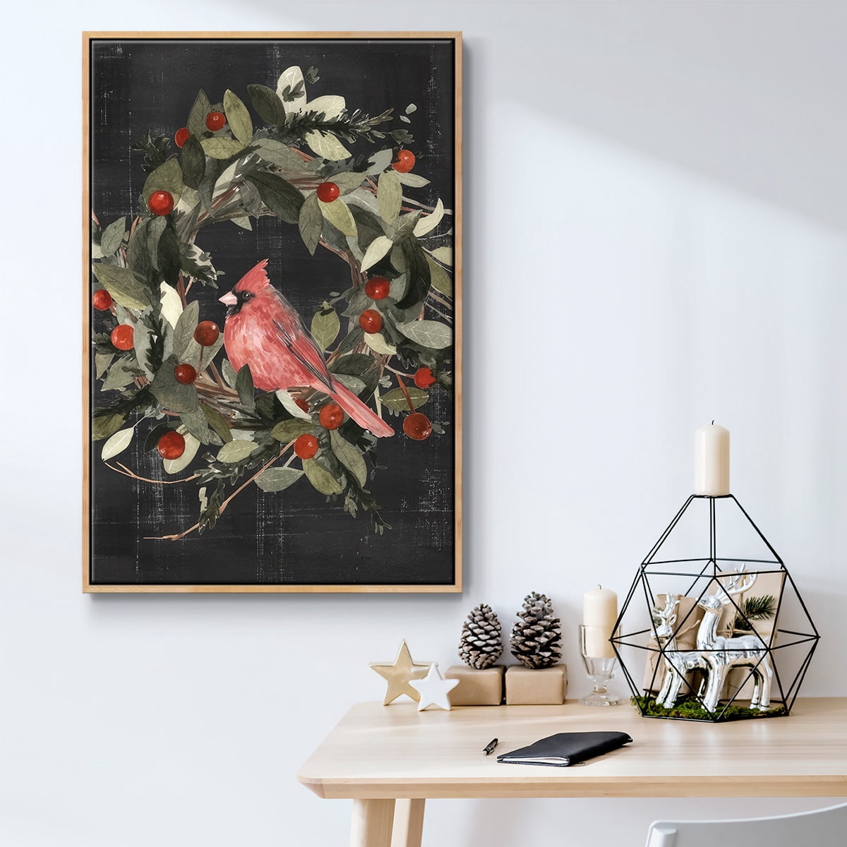 Christmas Cardinal I - Framed Gallery Wrapped Holiday Canvas - 25 x 37 - Natural Wood Frame