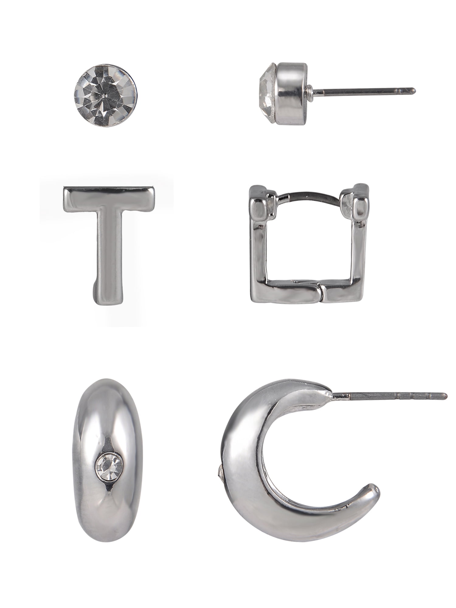 Time and Tru Silvertone 3-On Crystal Stud, Hoop, Initial "T" Earring Set