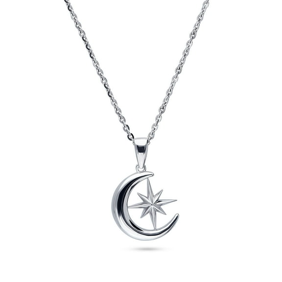 BERRICLE Sterling Silver Crescent Moon North Star Fashion Pendant Necklace for Women, Rhodium Plated 18 inch