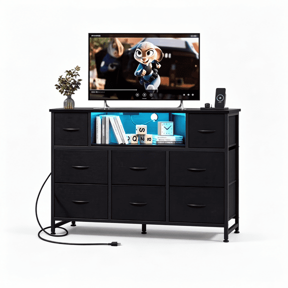 CONCETTA 55 inch TV Stand Dresser, 8 Fabric Drawers Storage Organizer for Bedroom Living Room, LED & Charging Station, Black