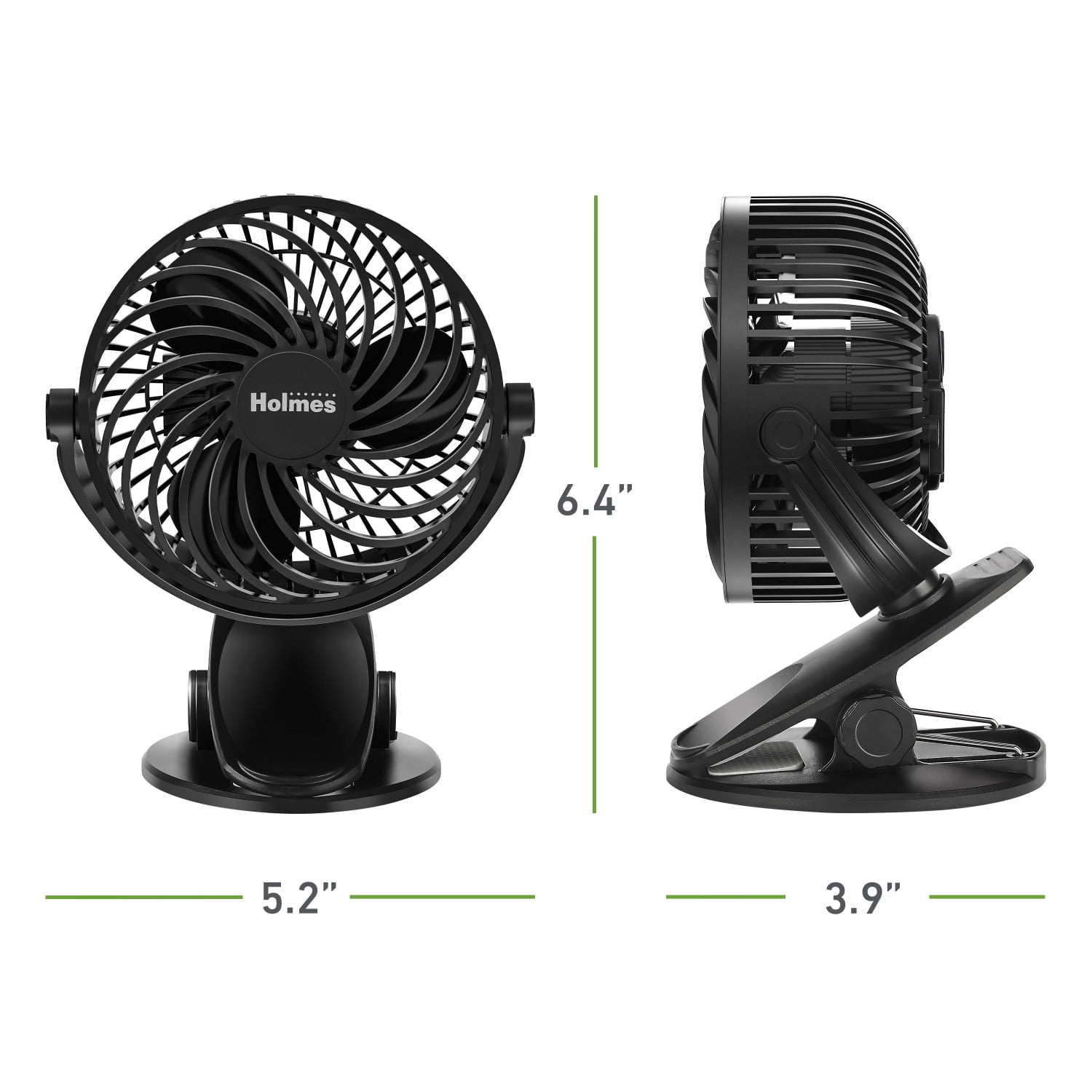 Holmes 4” Rechargeable Clip Fan, 360° Tilt, Strong Airflow, USB, Long Battery, Black