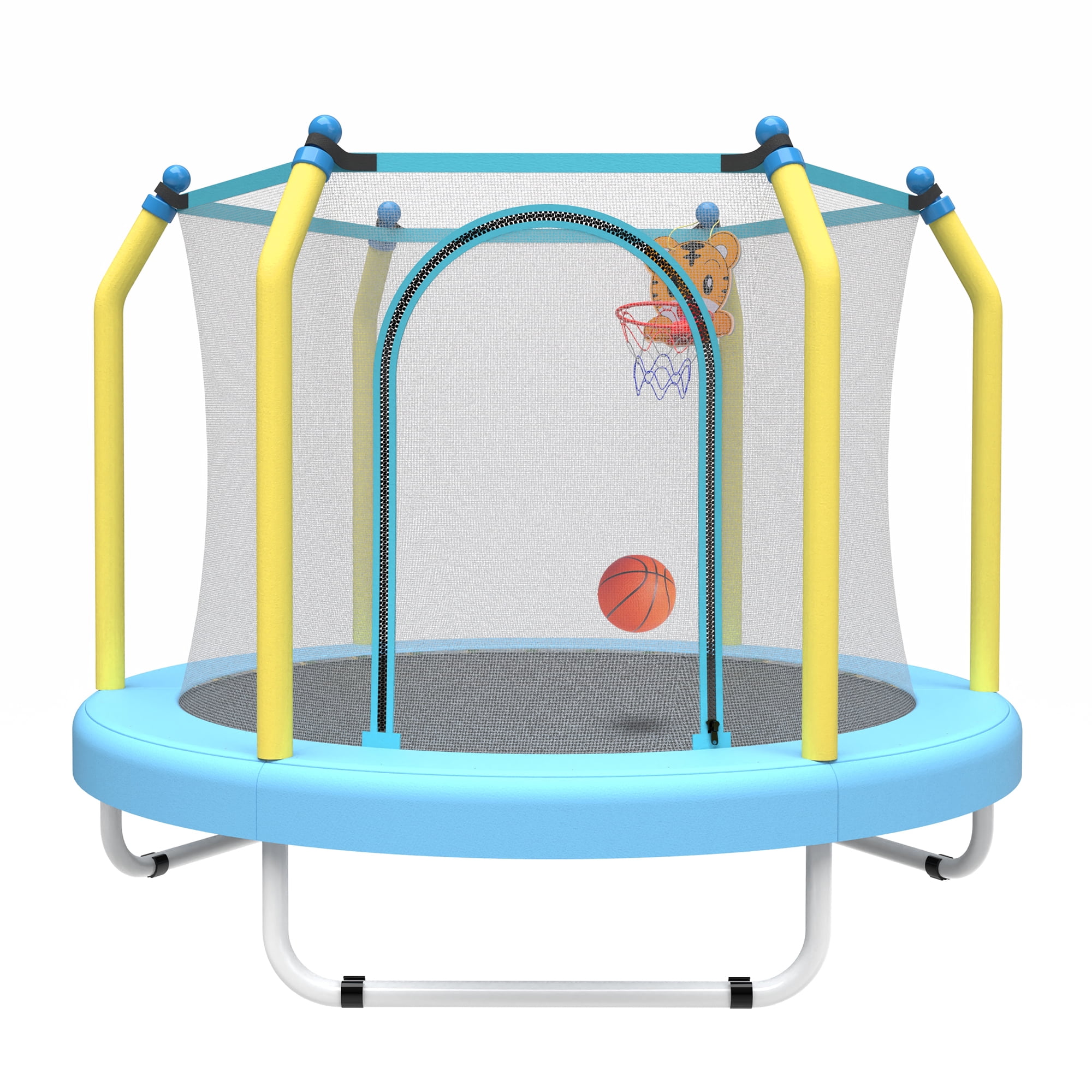55 Inch Kids Trampoline with Basketball Hoop, Blue & Yellow Toddler Trampoline, Indoor Outdoor Play Trampoline