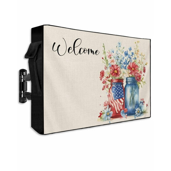 4th of July Outdoor TV Cover 40 to 43 Inch Weatherproof, Independence Day Spring Floral US Flag Retro 600D Oxford TV Covers with Waterproof Zipper, Outside Flat TV Screen Protector 40"Wx25"Hx4.5"D