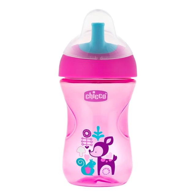 chicco advanced cup 12m niña chicco advanced Vaso entrenador rosa transparente con boquilla tipo popote semi‑suave, tapa translúcida y válvula antiderrames; cuerpo ergonómico con relieves laterales, logo Chicco y diseño infantil de ciervo y caracol, adecuado para practicar la succión.