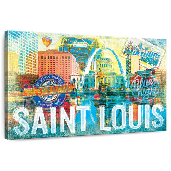 Elephant Stock Saint Louis City Landmarks Grunge Wall Art - Horizontal Canvas Wall Art - Living Room Wall Decor - Places Canvas - Beige And Gray Decor - 12" x 8"