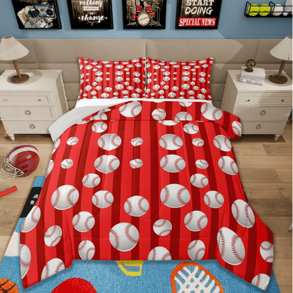 jejeloiu Baseball Bedding Comforter Set,Ball Game Sports Twin Comforter Sets,Red Geometric Lines Bedding Set For Children,Microfiber Bedroom Decor Reversible,2pcs