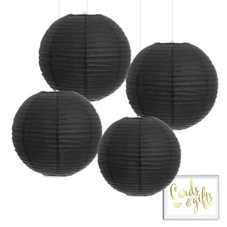 Paper Party Lanterns - Andaz Press Hanging Paper Lantern Party Decor Kit with Free Party Sign, Black, 4-Pack