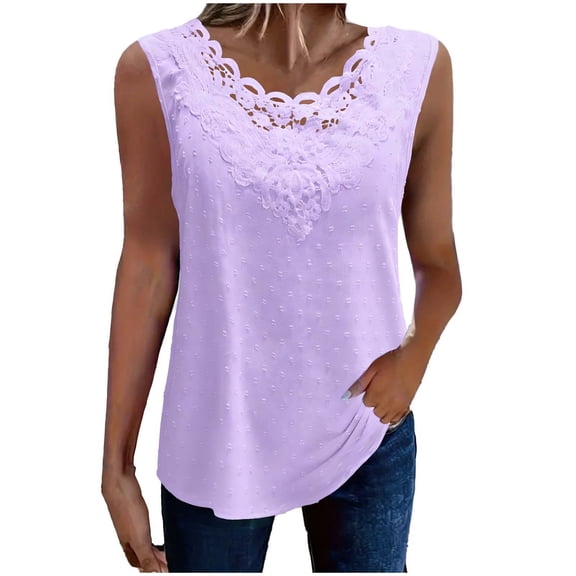 OGLCCG Womens Tank Tops Summer Floral Lace Trim V Neck Shirts Casual Sleeveless Blouses Fashion Loose Fit Cute Eyelet Tunics Shirts,S,Purple