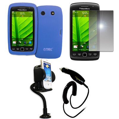 Empire Vents Mirror - EMPIRE Blue Silicone Skin Case Cover + 360 Degree Rotatable Car Windshield Mount with Air Vent Attachment + Mirror Screen Protector + Car Charger (CLA) for BlackBerry Torch 9860