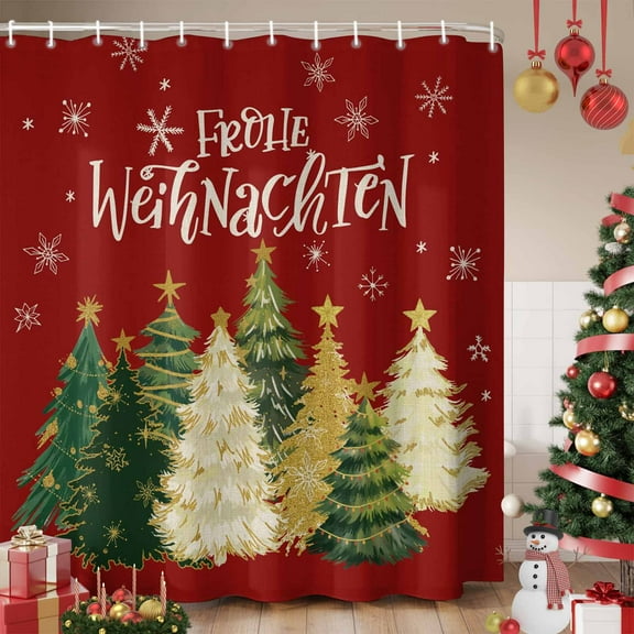 Red Christmas Shower Curtain, Xmas Tree Snowflake Farmhouse Waterproof Fabric Shower Curtains with 12 Hooks, Bathroom Curtain Set for Bathroom Accessories Decor, 60 x 72 Inches