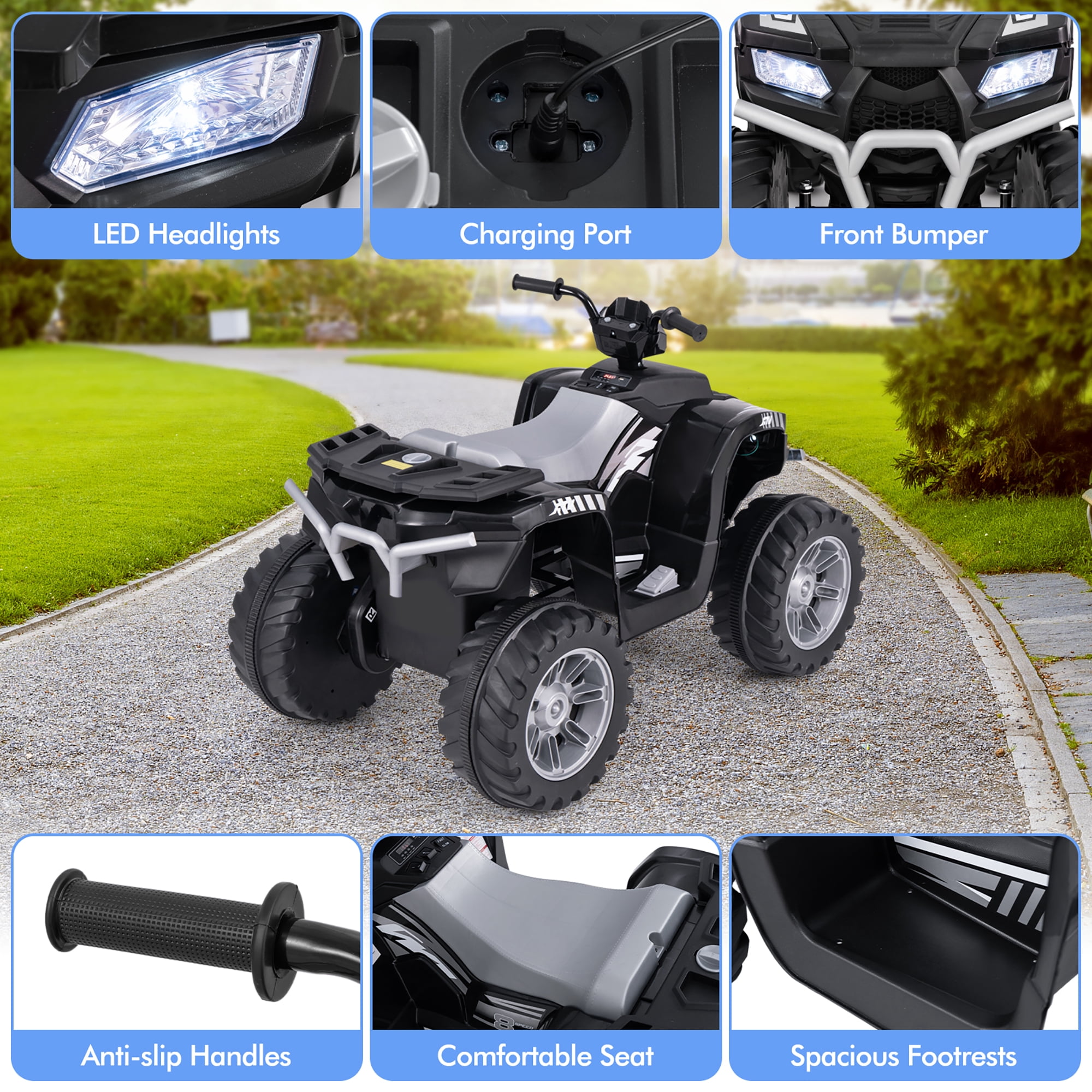 Gymax Kids Ride-On ATV 24V Battery Powered Electric Vehicle w/ Wireless Connection Music Radio Black