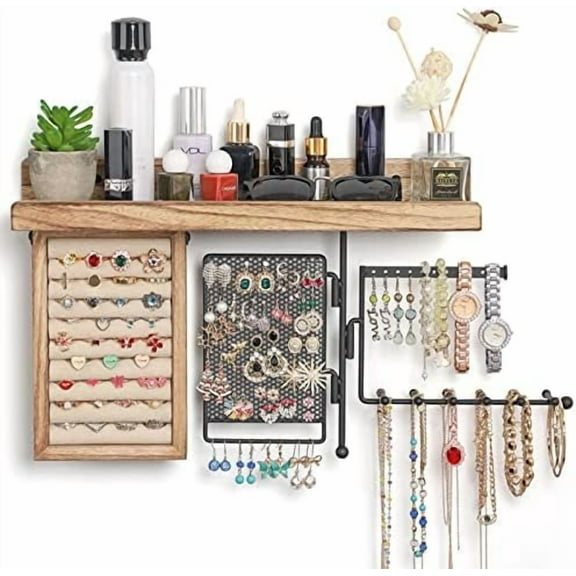 SOLIMINTR Hanging Jewelry Organizer Wall Mount with Rustic Wood Shelf, Ring Display Box, Ear Studs Earring Holder, Rotating Necklace Holder Organizer