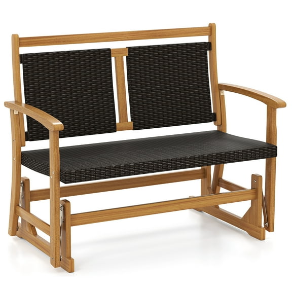 Gymax Patio Rattan Glider Bench Swing Gliding Rocker for 2 w/ Acacia Wood Frame