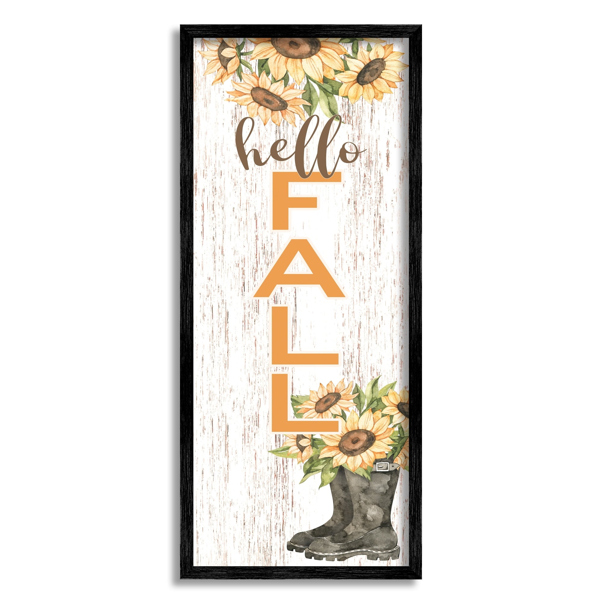 Hello Fall Vertical Typography Autumn Sunflower Blooms Botanical & Floral Graphic Art Framed Art Print Wall Art