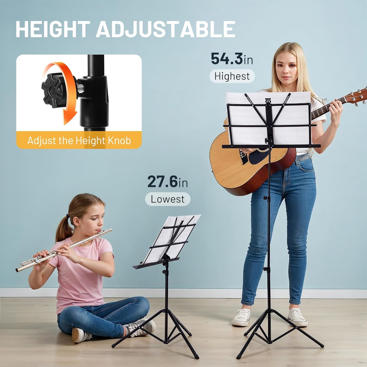 CAHAYA Portable Sheet Music Stand: Dual Use Desktop Book Holder Folding Lightweight Extra Stable Reinforced with Carrying Bag and Clip for Students Musicians Height Adjustable up to 67" CCMS0305