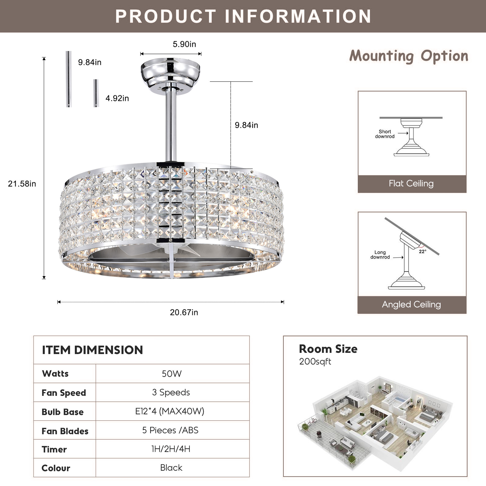 Aukfa Ceiling Fan with Light and Remote, 20" Low Profile Ceiling Fan for Living Room,Bedroom,Crystal
