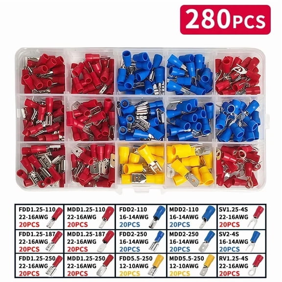 Multi-Size Cold Pressed Terminal Kit 280-1500pcs - Quick Connect Spade/Ring/Fork Connectors for 12-24V Wiring​