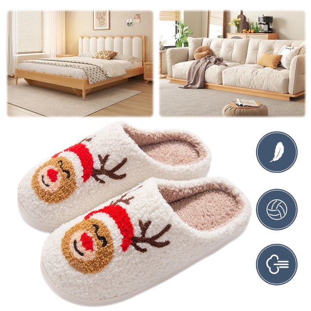 Lindas Reno Peludas Zapatos Casa Sin Cordones Cálidos Felpa Alce Navidad Cómodas Antideslizantes para Interior