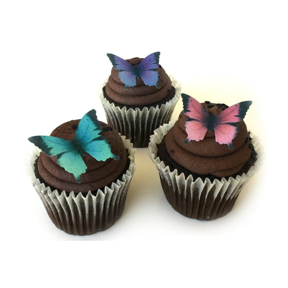 24 Purple Pink Teal Black Wafer Paper Butterflies 1.75 Inch for Decorating Desserts Cupcakes Wedding Cakes