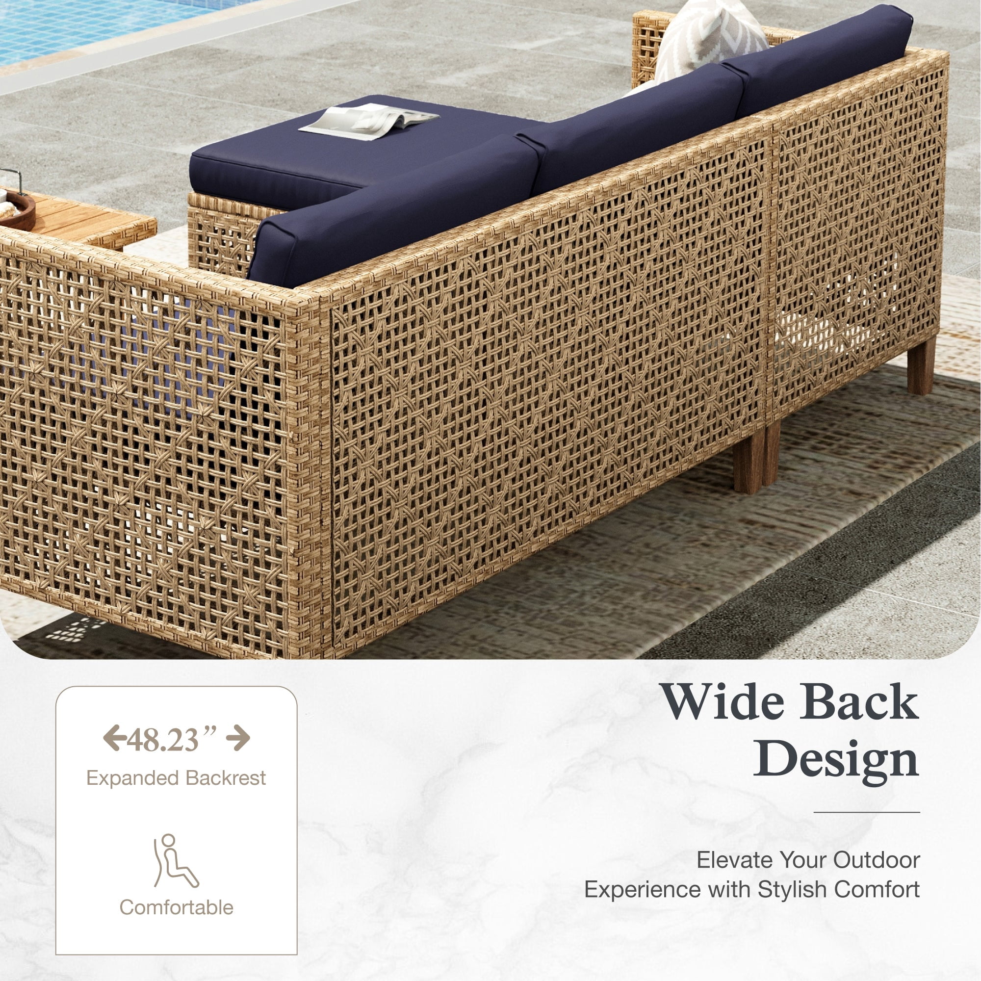 Alpha Joy 3 Pieces Wicker Patio Furniture Conversation Set Boho Style Outdoor Sofa with Coffee Table and Navy Blue Cuchions