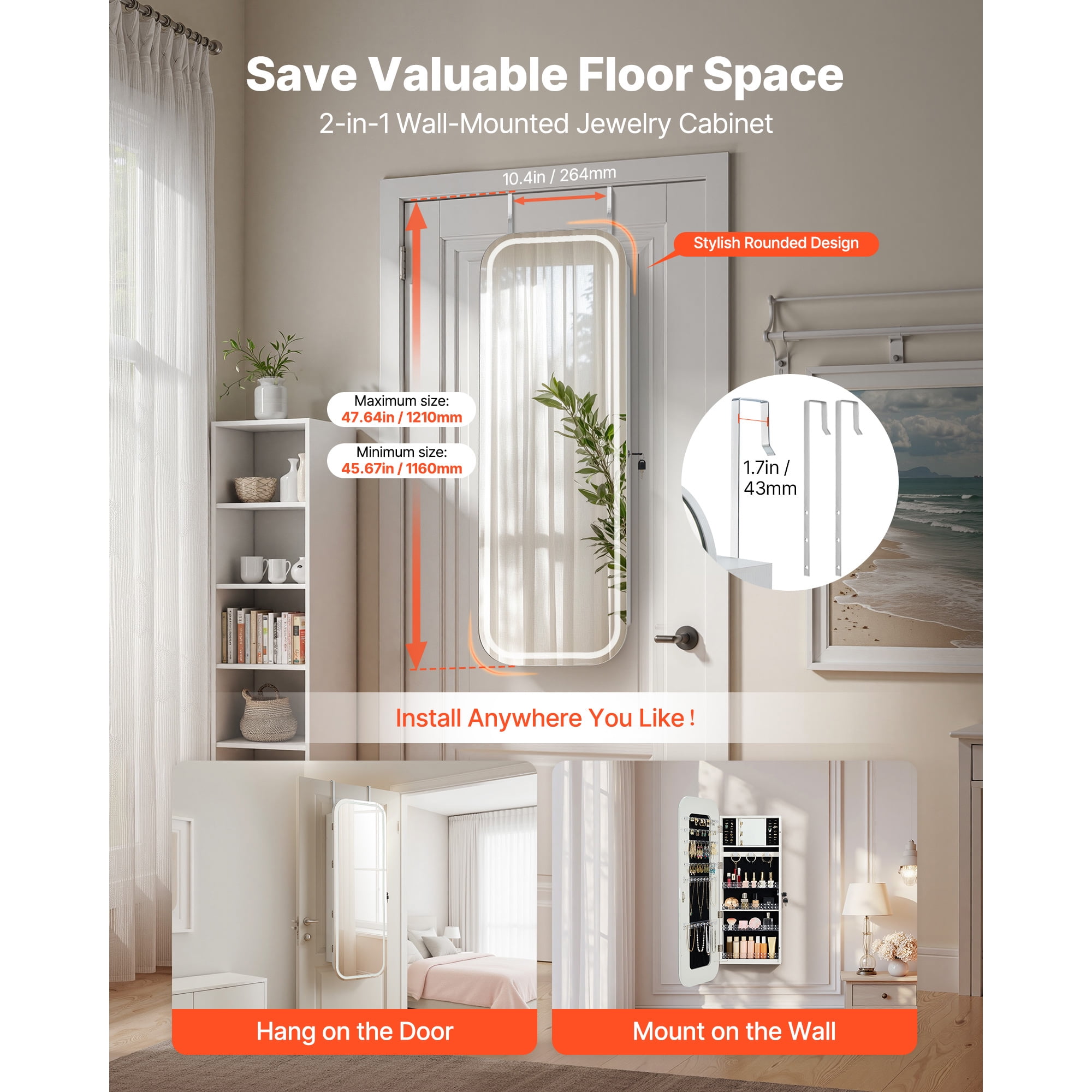 KFFKFF LED Mirror Jewelry Cabinet, 42.5-inch Tall, Full-Length Mirror with Storage, Wall-Mount or Over-the-Door Jewelry Organizer with Lights, Rounded Edges, Lockable Door with 2 Keys, White