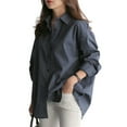 thumbnail image 4 of Womens New Mid-Length Striped Shirt Stylish Loose Long-Sleeved Top Blue M YIWEI, 4 of 11