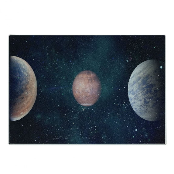 Astral Cutting Board, Outer Space Themed Illustration of Planets Starry Galaxy Print, Decorative Tempered Glass Cutting and Serving Board, in 3 Sizes, by Ambesonne