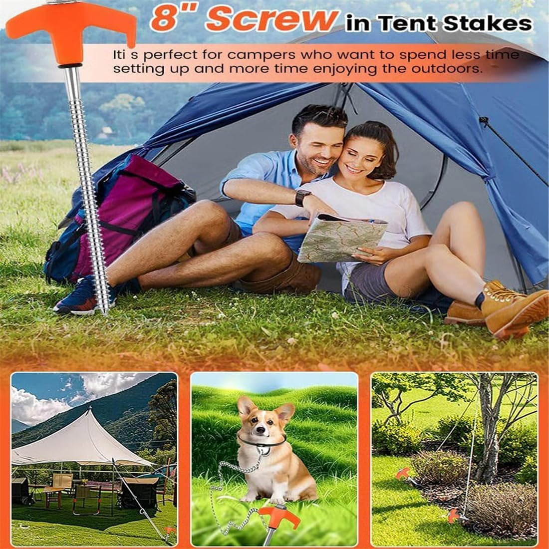Screw In Tent Stakes 10-Pack 8 Inch Threaded Ground Anchors Drill Compatible(Red 10pcs)